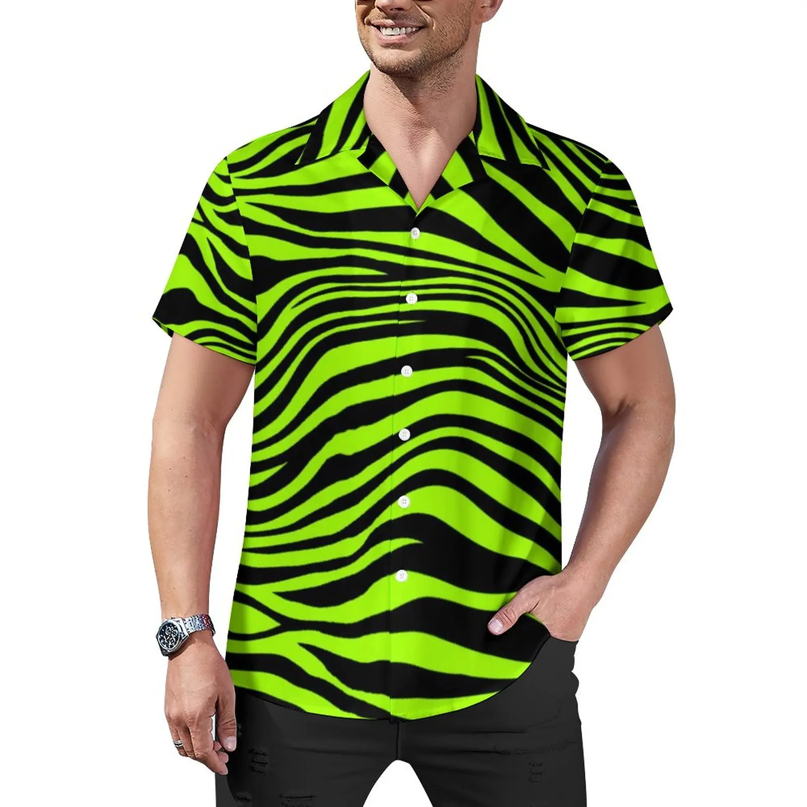 

Green Tiger Print Casual Shirts Funny Animal Beach Shirt Hawaiian Trending Blouses Men Custom Big Size