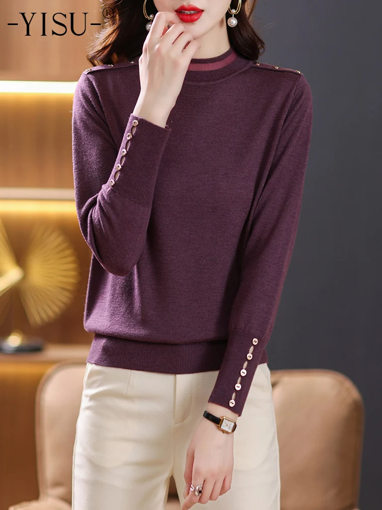 

YISU Woolen Sweater Women Solid Color Tops Spring Half Turtleneck Pullover Long Sleeve Jumper Loose Knitted Sweater Women