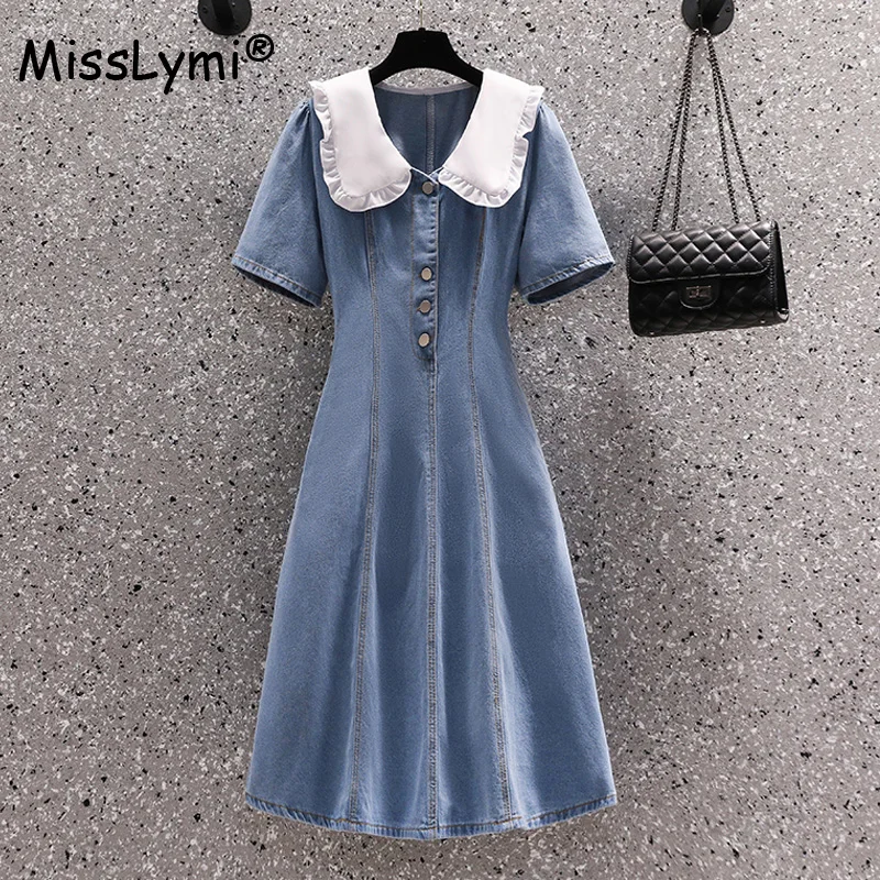 

Big Size Women Blue Denim Dress Summer 2022 White Peter Pan Collar Patchwork Short Sleeve Rivet Buttons High Waist Midi Dresses