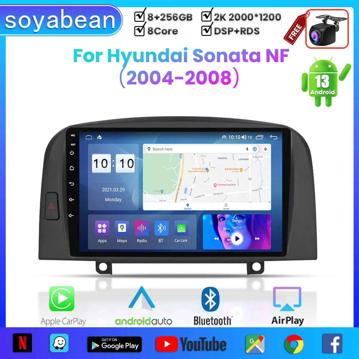 

Автомобильный радиоприемник Android 13 для Hyundai Sonata NF 2004-2008,9 дюймов 2K мультимедийный плеер с 4G Car Carplay и 2Din GPS