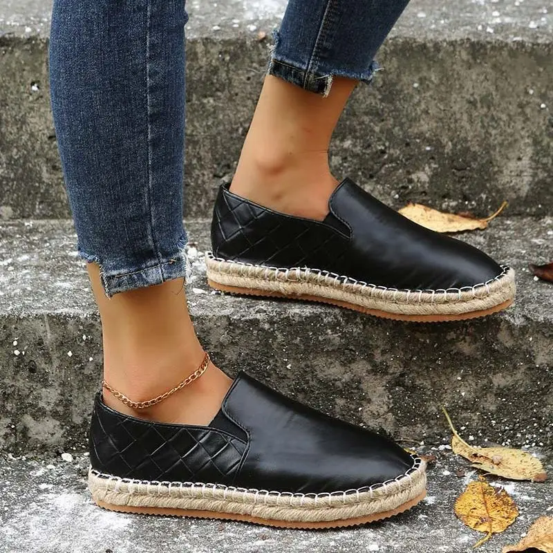 Women's Shoes New Leather Feel Fashion Retro Hemp Rope Flat Shoes Lazy Shoes Large Size Shoes Beige Black 36-43