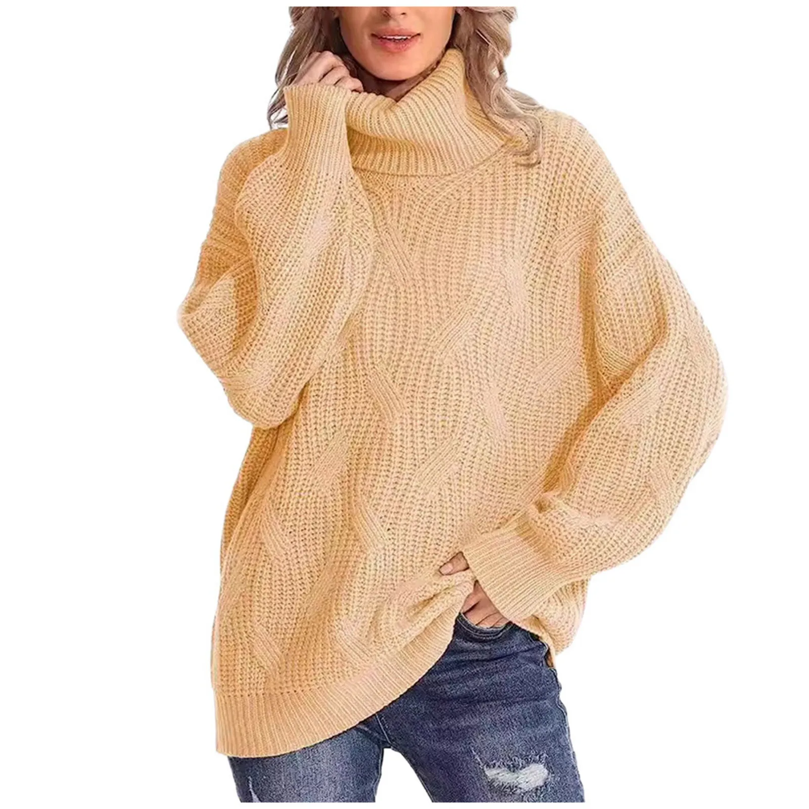 Уютный женский свободный вязаный свитер с высоким воротником пуловер длинные