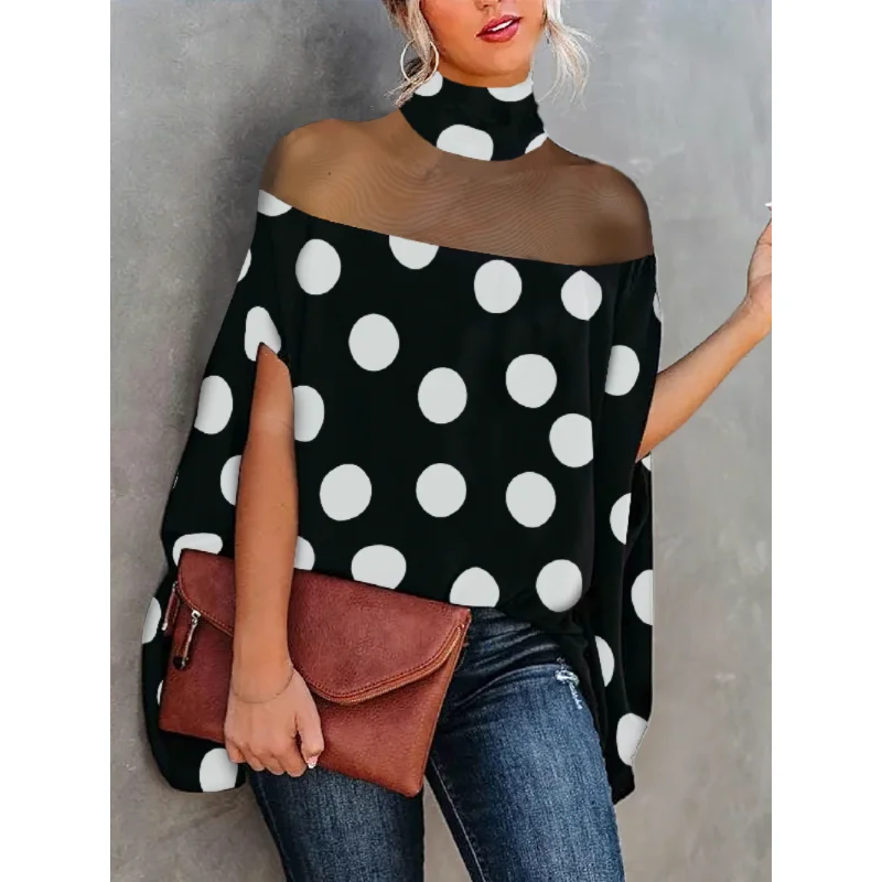 

Freeacy 2023 Summer Stylish Polka-Dot Printed High Collar Blouses For Adult Female Urban Women's Daily Causal Shirts Tops