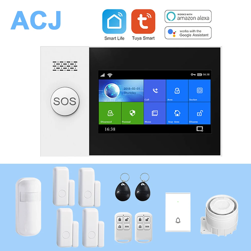 ACJ WIFI GSM PG107 Burglar Alarm System Set for Home Wireless PIR Motion Sensor Door Sensor Security Alarm Kit Smartlife Tuya