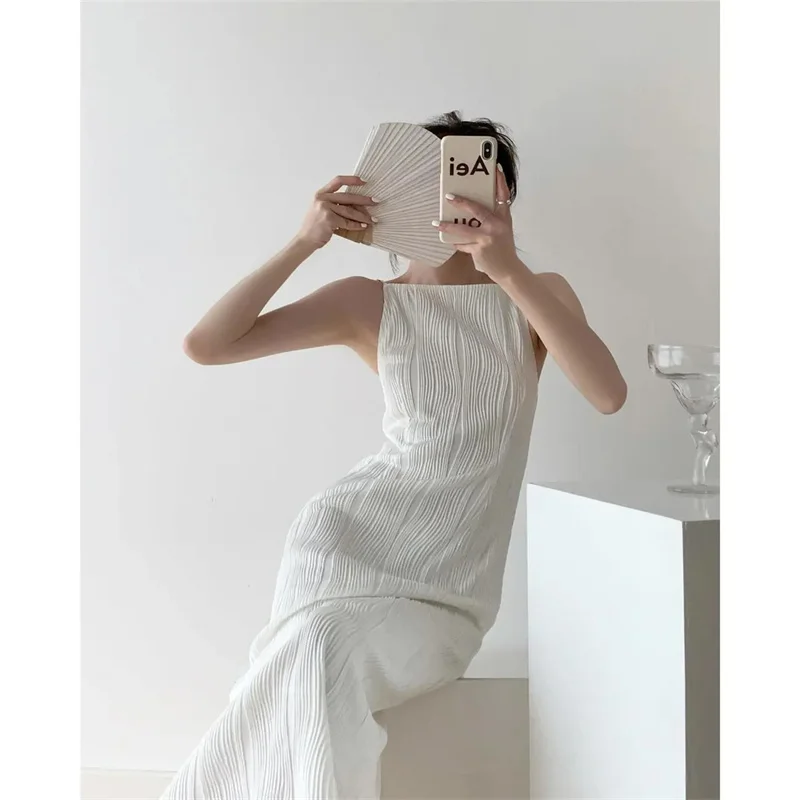 

Elegant White Dress Women Summer Pearl Camis Square Collar Backless Ruched Midi Dresses Party Formal Dresses Outfits Vestidos