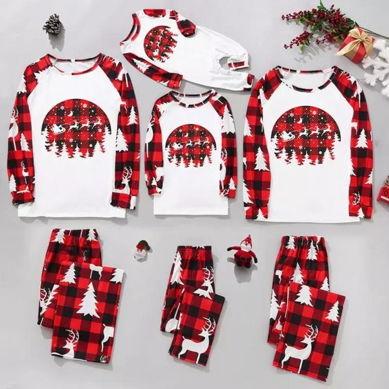 

New Xmas Pajamas Parent-child Homewear Set Cotton Casual Checked Patchwork Printed Pajamas Christmas Pajamas Sleepwear