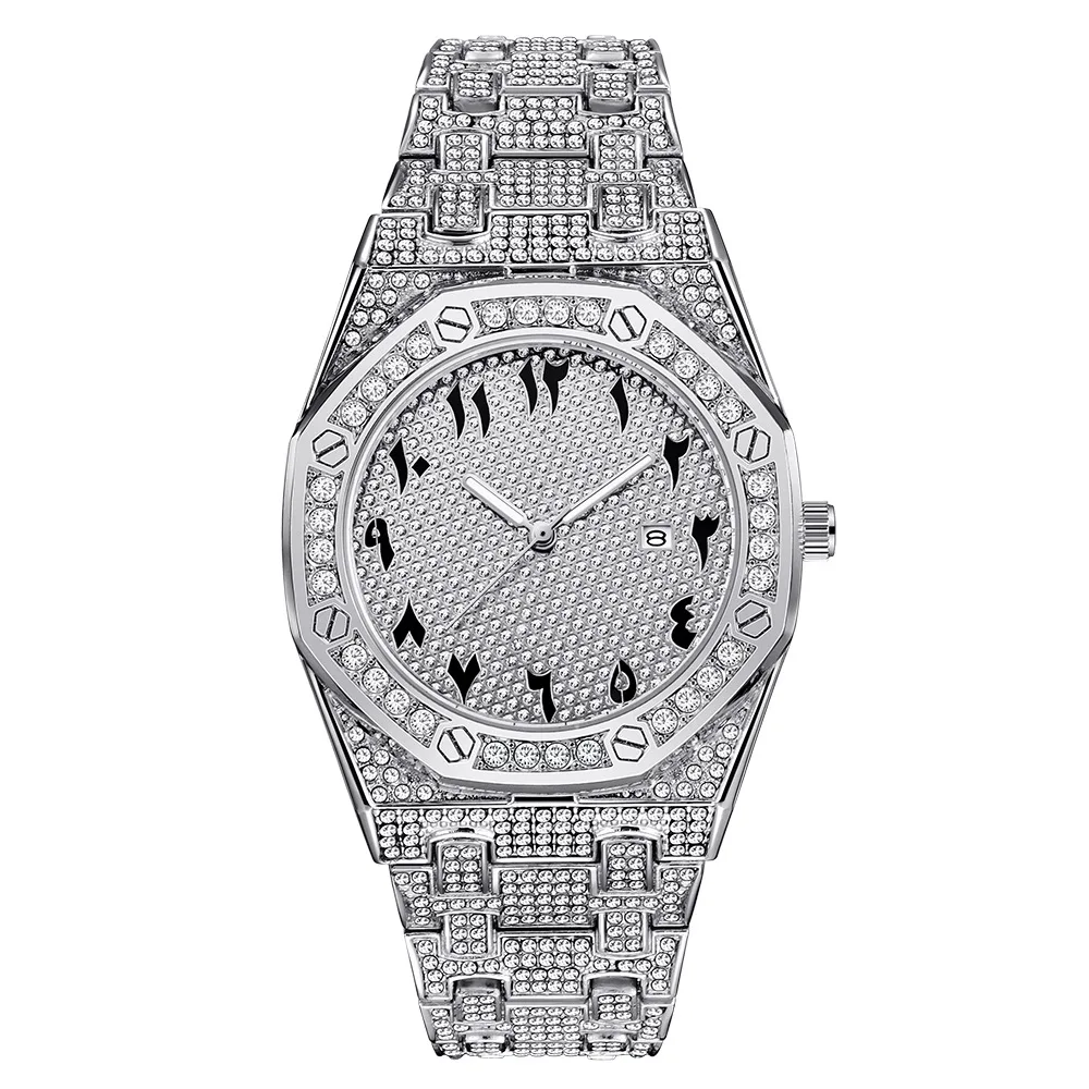 

SLIVER Iced Out Bezel Quartz Watch Men Luxury Full Diamond Hip Hop Rhinestone Watches Man Wristwatch Male Gold Dial Stone Clock