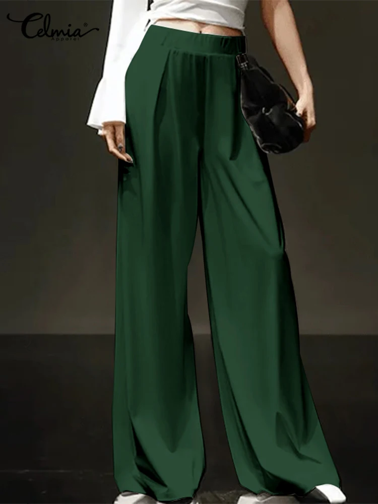 

Celmia Elegant Women Elastic Waist Pants Fashion Satin Wide Leg Pantalones All-match Glossy Silky Trousers Runway Ropa De Mujer