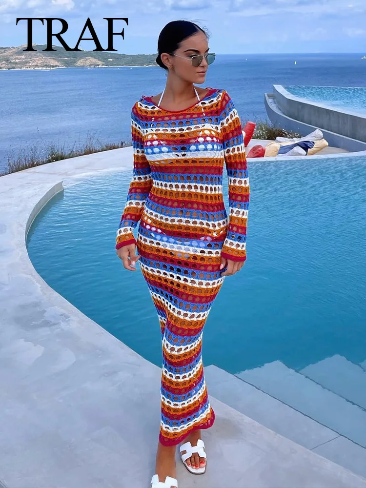 

Женское трикотажное платье в полоску, с V-образным вырезом и длинным рукавом