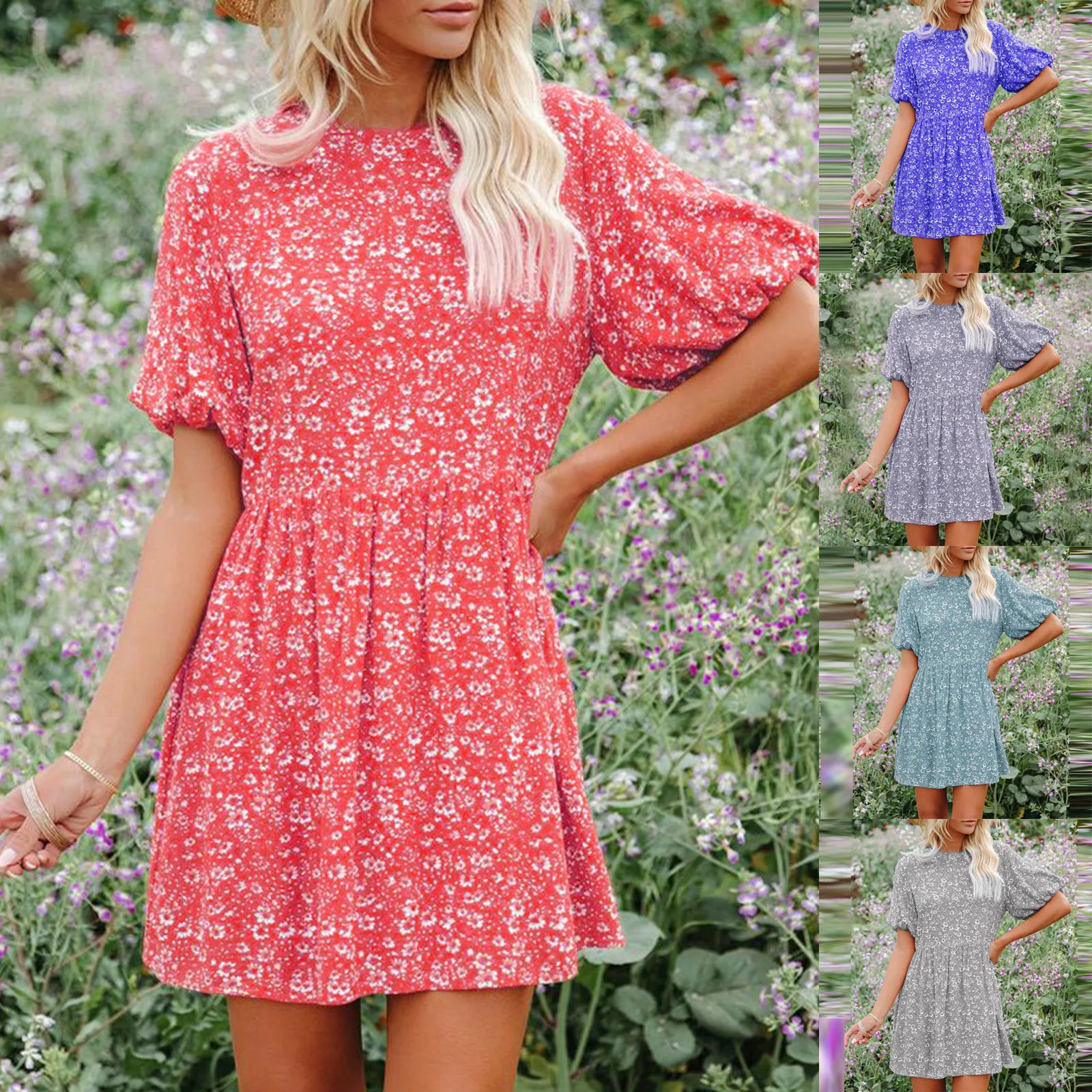 

Summer New Dresses For Women 2022 Floral Lantern Short Sleeve Digital Printing Loose Casual Women's Sundress Robe Femme