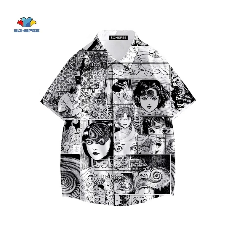 

Japan orror Mana Junji Ito Sirt 3D Printed Tomie irl awaiian Sirt Summer Casual Beac Sirts Sort Sleeve Oversized Tops
