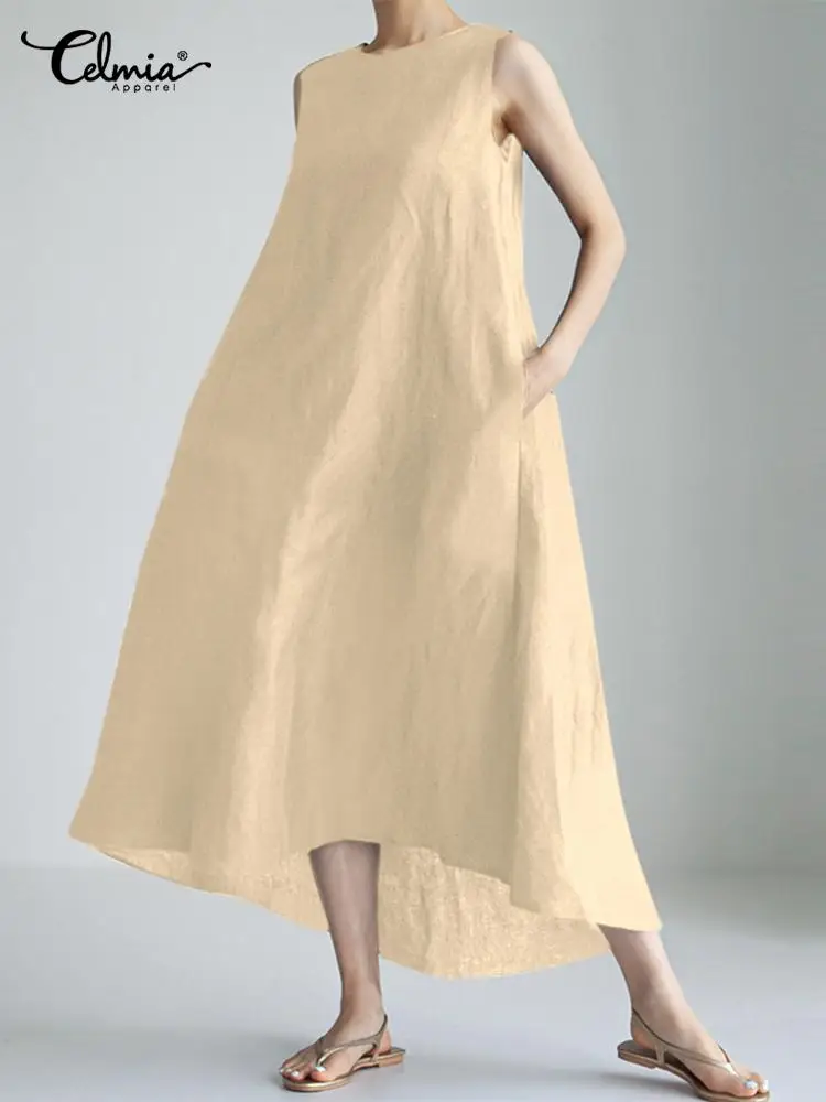 

Women O Neck Sleeveless Sundress Celmia Leisure Loose Solid Color Tank Dresses 2022 Summer Fashion Pockets A Line Long Midi Robe