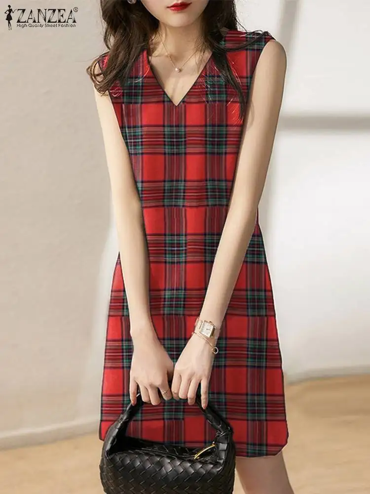 

Платье ZANZEA женское в клетку, винтажный Повседневный Сарафан в клетку, без рукавов, с V-образным вырезом, до колена, большие размеры, на лето