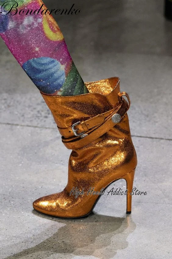 

Women's Boots Metallic Leather Mid Calf Boots Thin High Heels Round Toe Belt Sleeve Winter Lady Red\Gold Runway Stilettos Shoes