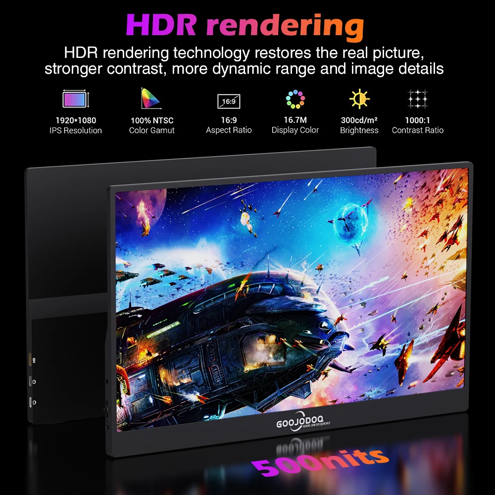 GOOJODOQ GJ20 Портативный монитор 15,6" IPS HDR 1920X1080 FHD Гейминг внешний для ноутбука ПК телефона Mac Xbox PS5/PS4 Switch on.