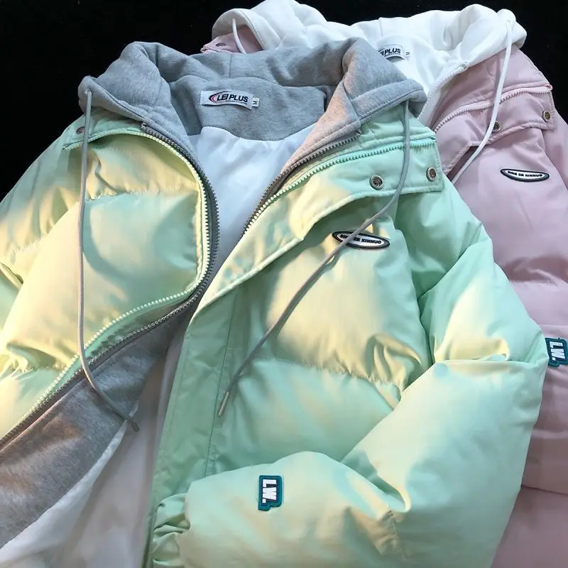 Japanese cute fake two-piece hooded loose cotton coat women's 2022 winter new thickened cotton coat tide