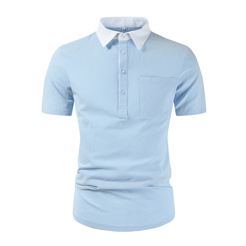

Asian Size Men's Solid T-Shirt 2023 Summer New man lapel casual fashion Cotton Linen Blend Short Sleeve White Blue Polo Shirts