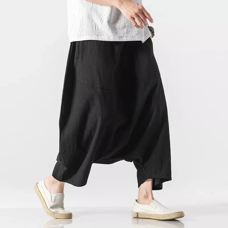 

Cotton Linen Loose Large Cropped Trousers Wide-legged Bloomers 2020 Korean Style Baggy Pants Men's Wide Crotch Harem Pants
