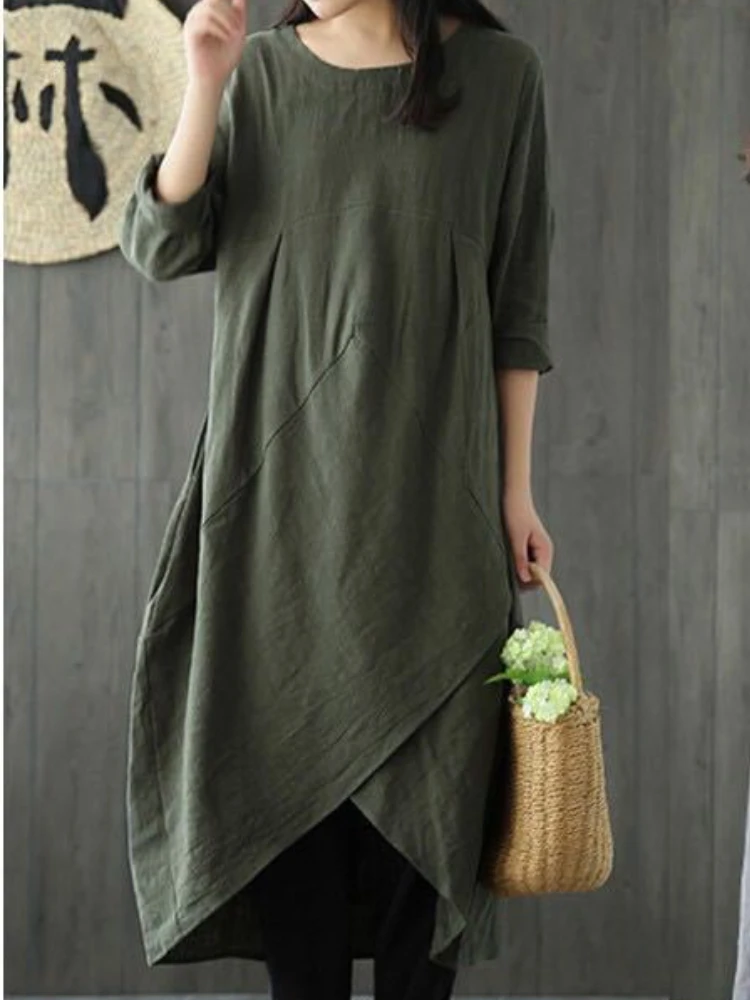 

Womens Dresses New in Spring Summer Fashion Loose Irregular Robe Elegant Round Neck Solid Color Dress Commuting Woman Clothing