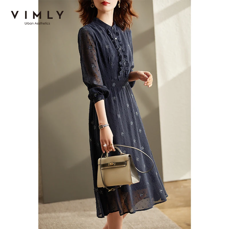 Длинное платье VIMLY для женщин 2021 Весна с длинным рукавом трапециевидная вышивка