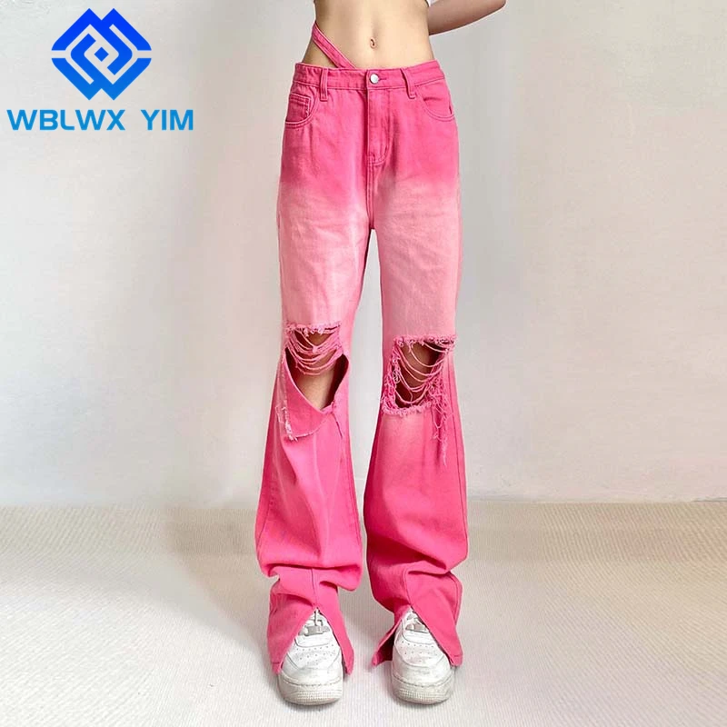 

Spring Autumn High waist Jeans Women Fashion Hole split Blue Denim Straight Pants Female Loose Long Trouser Streetwear Jeans