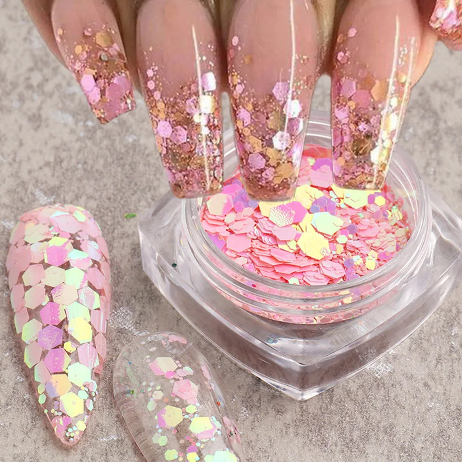 

10 Colors Macaron Hexagon Sequin Nail Flakes Net 2-3g Pink Mermaid Sparkly Slices Mixed-size Candy Color Macaron Manicure Sequin