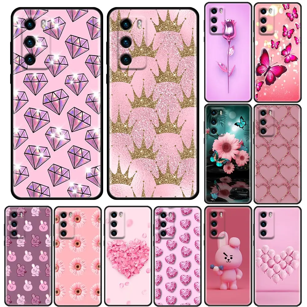 

Phone Case for Huawei P10 Lite P20 Case P30 P40 Lite P50 Pro Plus P Smart Z Soft Silicone Cover Cute Pink Flower Diamond
