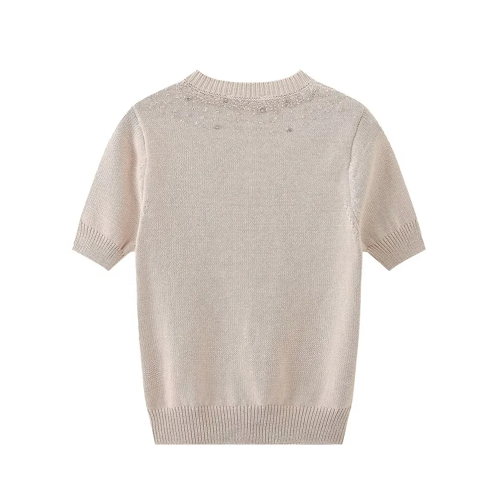 Женский вязаный кардиган с коротким рукавом бусинами