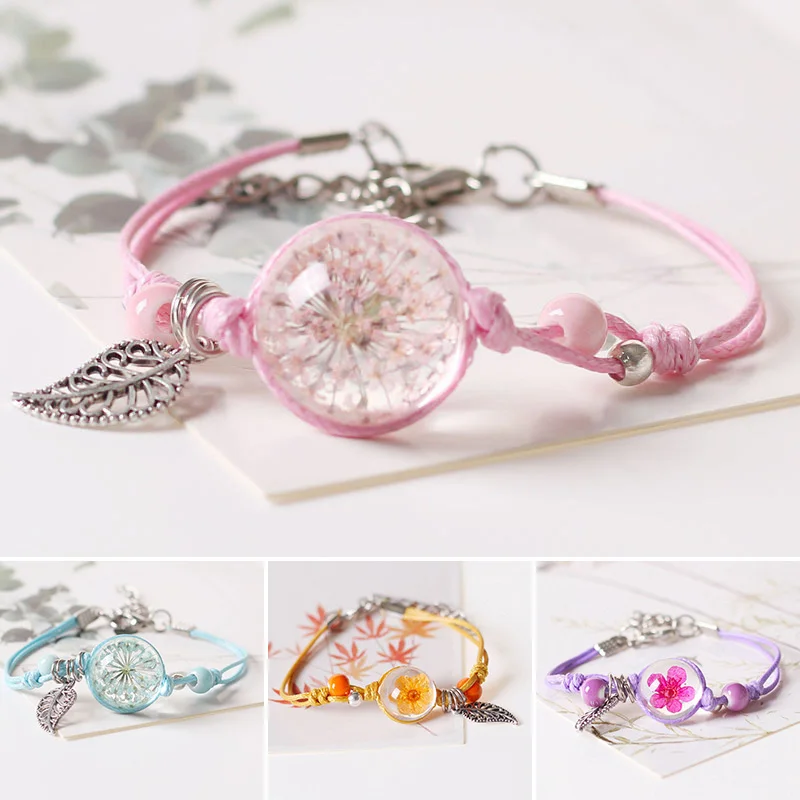 

Korean Women Glass Ball Bracelets Dried Flower Specimen Bracelet Girls Dandelion Jewelry Accessory Romantic Gift For Friends