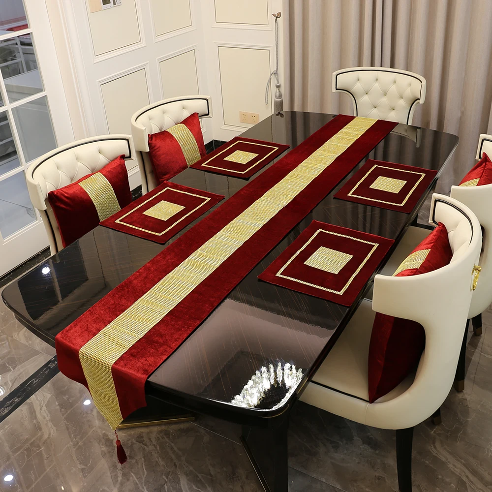 Table Runner Luxury Handmade Rhinestones European Tasseled Flannel Table Mat Pillowcase Napkin for Home Wedding Party Decoration