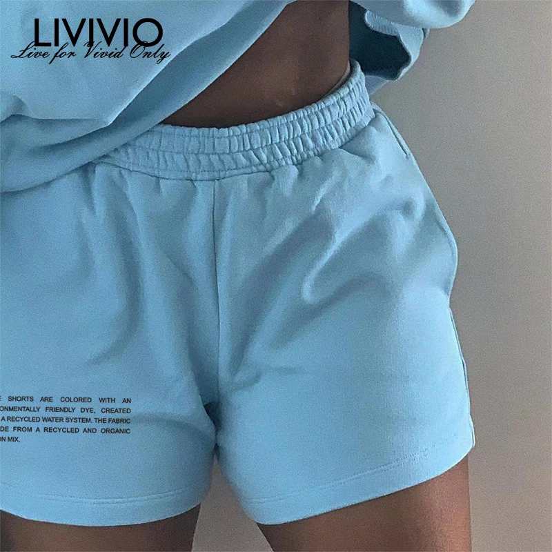 

[LIVIVIO] Soild Cotton Shorts Women Plus Size Letter Printed Sweatpants Pockets Short Pants Summer Streetwear Joggers Shorts