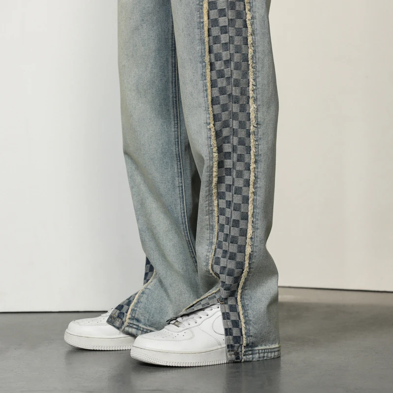 Four Seasons Men's Color-blocking Jeans New American Street Design Washed Denim Straight Loose Trousers Ins Hot Selling Denim