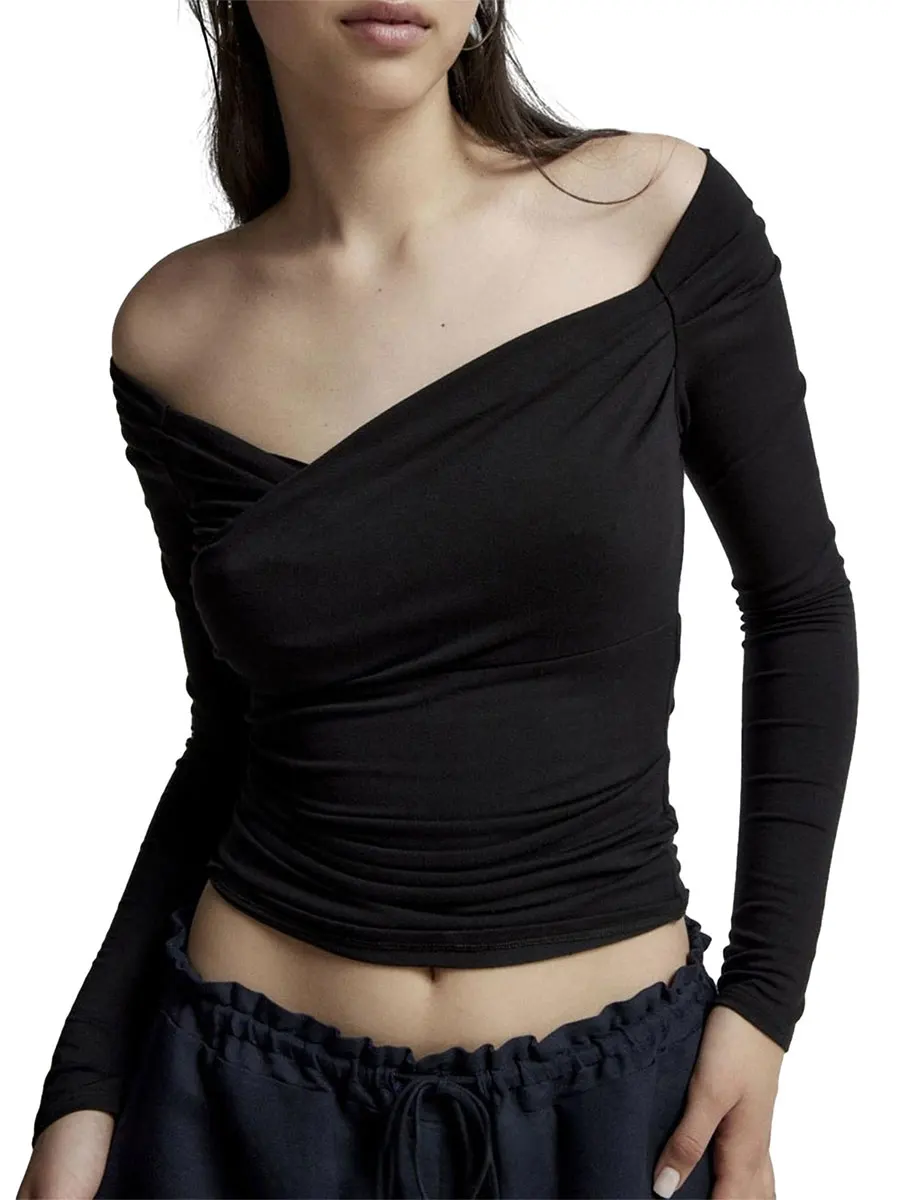 

Женская футболка с длинным рукавом, топы с открытыми плечами, плиссированный однотонный облегающий кроп-топ