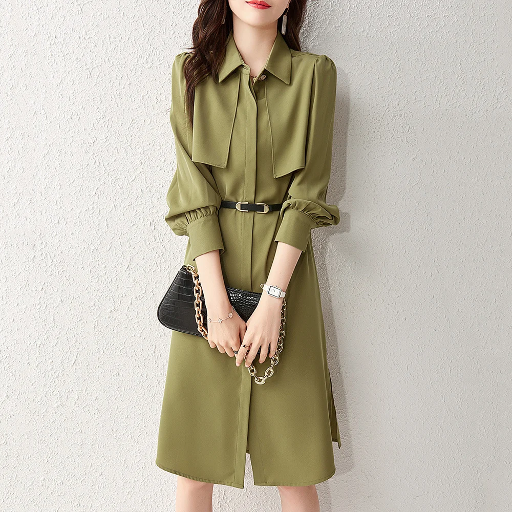 

Elegant Dresses For Women Spring New Solid Turndown Collar Single-breasted Long Sleeve Shirt Dress Casual Mid-length Vestidos