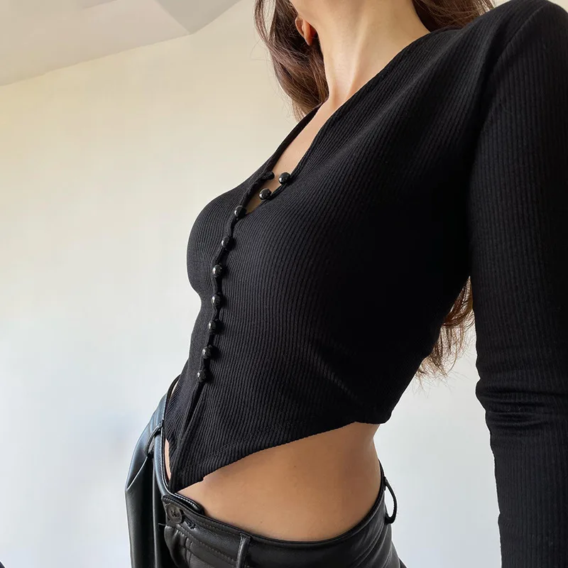 

2022 Autumn New Knitted Sweater Deep V-Neck Single-Breasted Temperament Casual Waist-Length Sleeves Knitted Cardigan