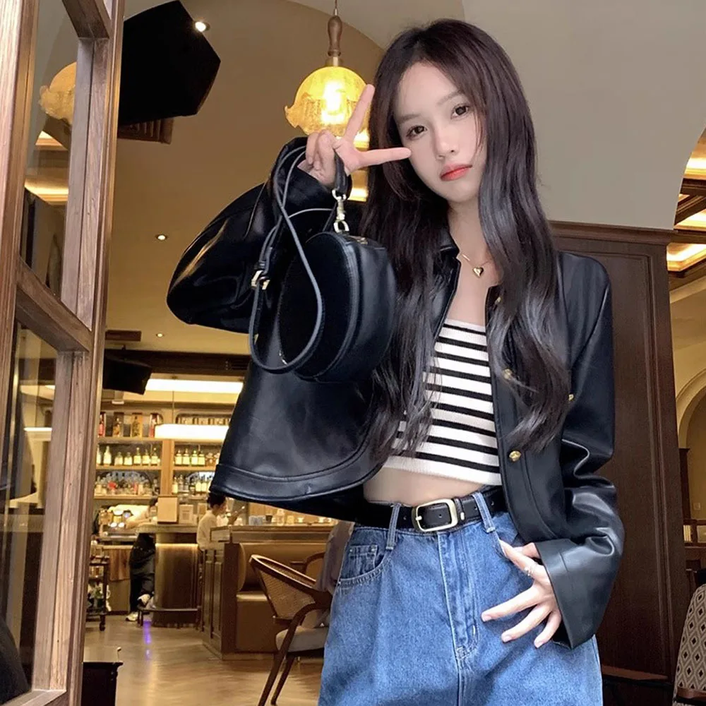 Корейский Элегантный женский жакет из искусственной кожи черный укороченный Топ