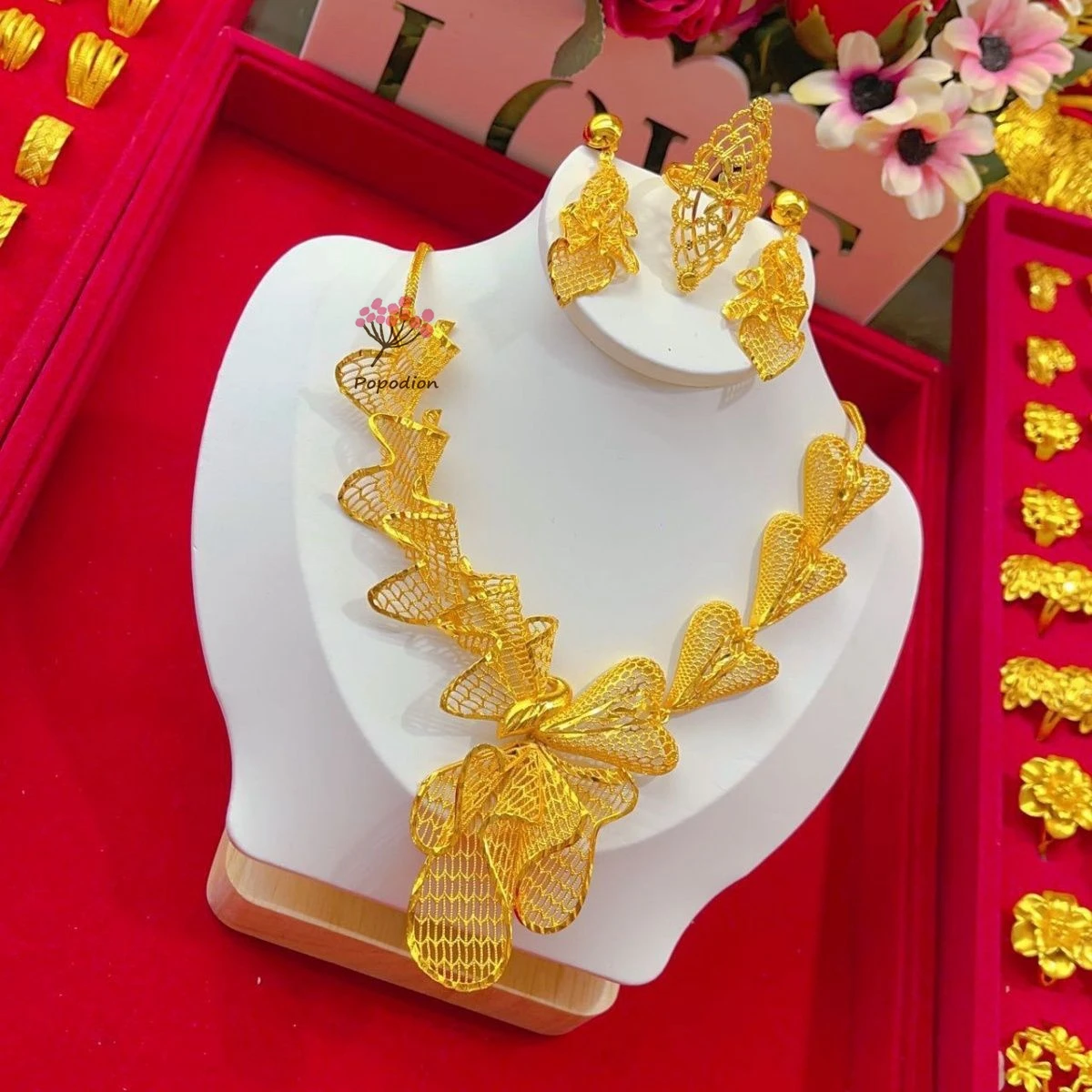 Дубай 24K позолоченные ювелирные изделия свадебное ожерелье кольцо женские