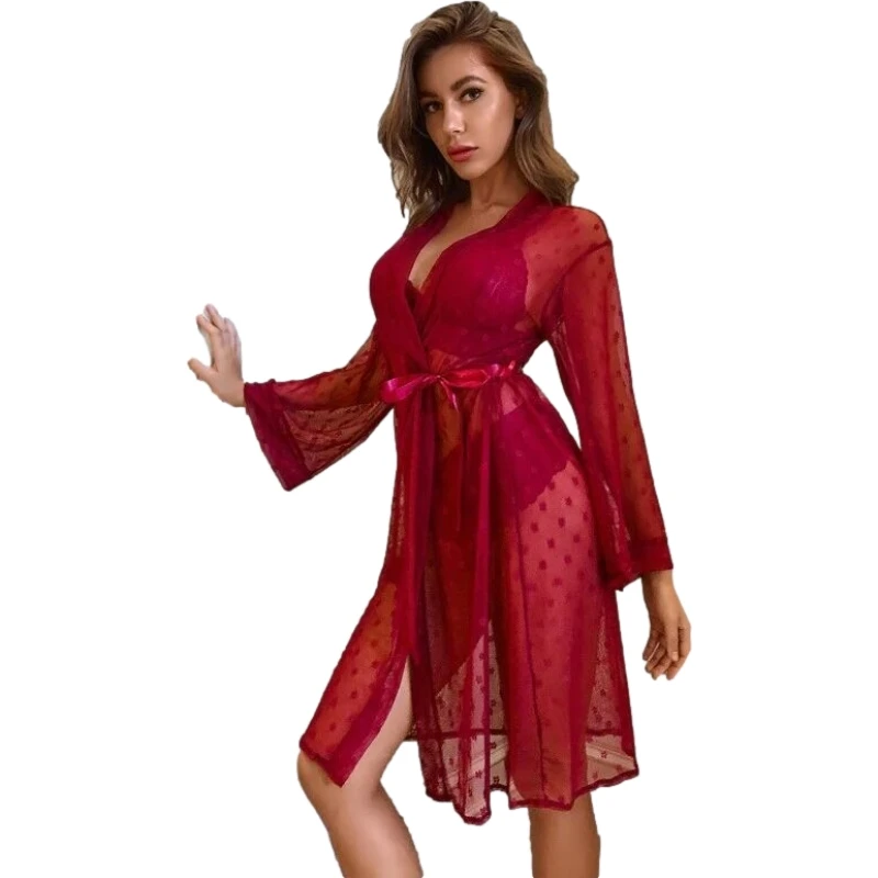 Lace Bathrobe 3 Piece Dressing Gown Pyjamas Long Sleeve Sleepwear for Women Sexy Nightgown Kimono Bride Wedding Nightie Lingerie
