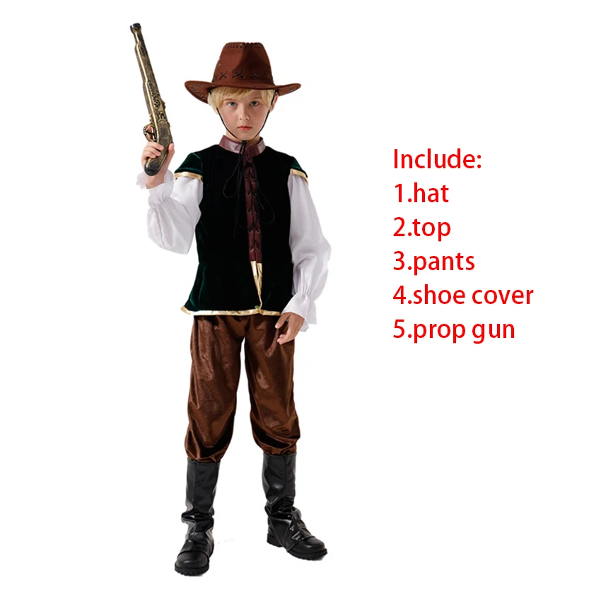 

Medieval Viking Pirate British Hunter National Uniform Outfits West Cowboy Woody Cosplay Halloween Costumes for Kids Dress Prop