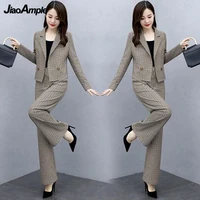2022 autumn new plaid suit wide leg pants two piece suit womens long sleeved blazers trousers set korean elegant business wear