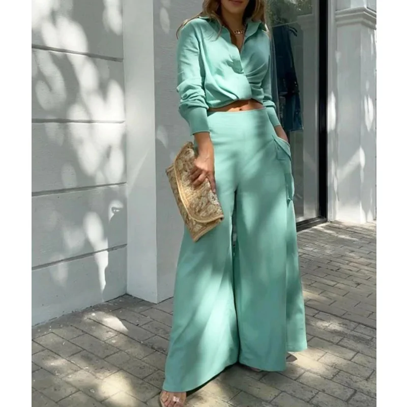 

Women's Casual Solid Color Short Long-sleeved Shirt Suit High Waist Wide Leg Pants Two-piece Suit Ensemble Femme 2 Pièces
