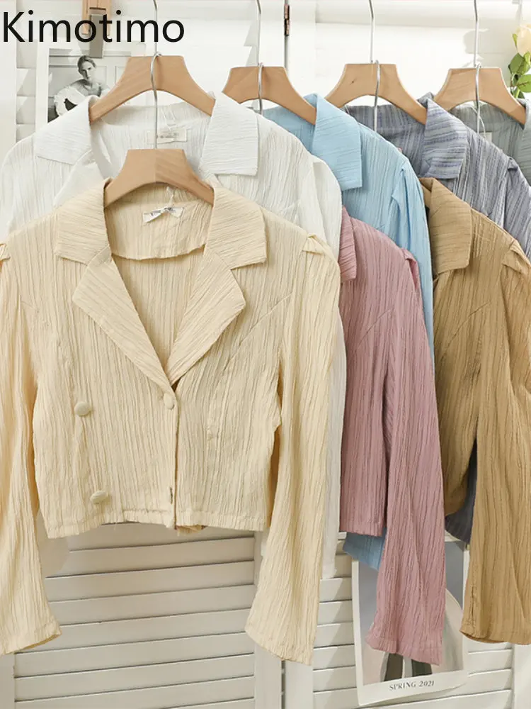 

Повседневные короткие текстурные рубашки Kimotimo, женские весенние Новые двубортные дизайнерские топы с английским воротником, французская ш...