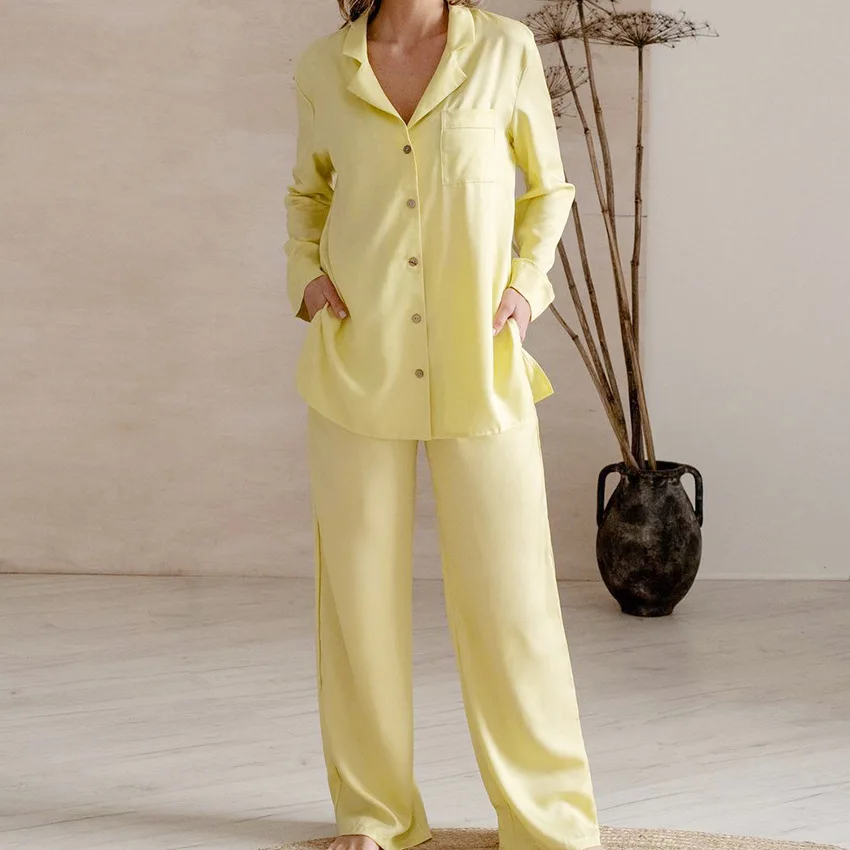 Yellow Color Satin Silky Pajams Set Fashion Long Sleeves Female Sleepwear Home Wear Pyjamas Set