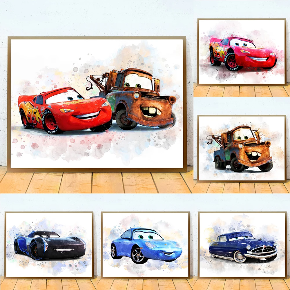 

Disney Cartoon Anime Cars Watercolor Canvas Painting Lightning McQueen Movie Poster Print Racing Wall Art Kids Room Home Decor