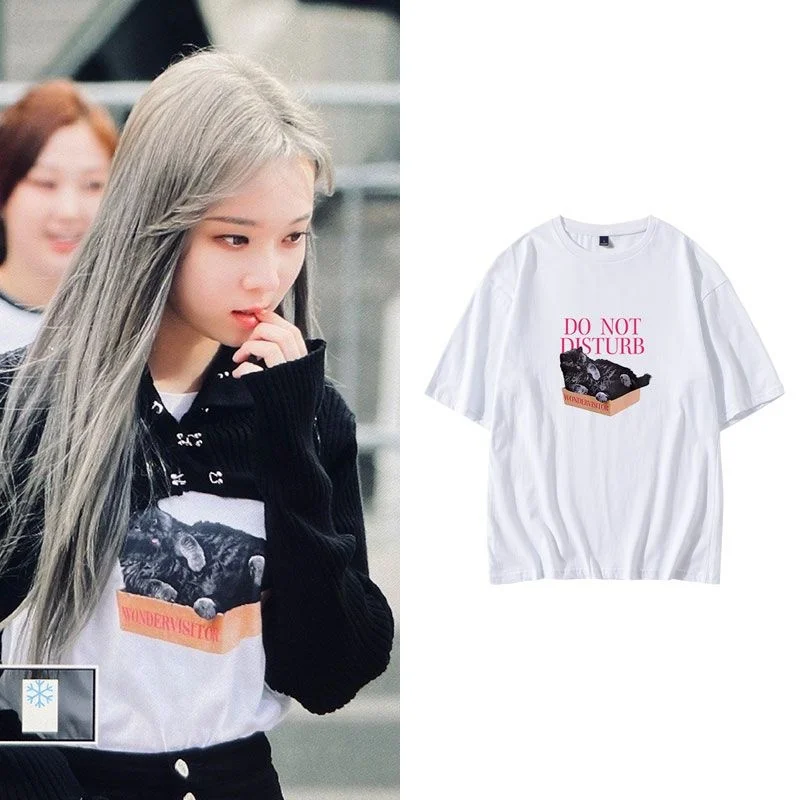 

AESPA Jinwen Ting Street Photography Clothing Same Short Sleeve T-shirt Loose Round Neck Pure Cotton Drop Shoulder Print T-shirt