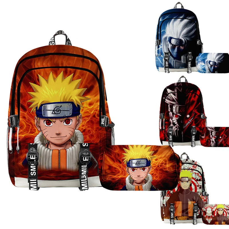 

2pcs/set Backpack + Pencil Case Naruto Anime Children Backpack Boys Girls Double-deck Backpack Set Teenager Waterproof Schoolbag