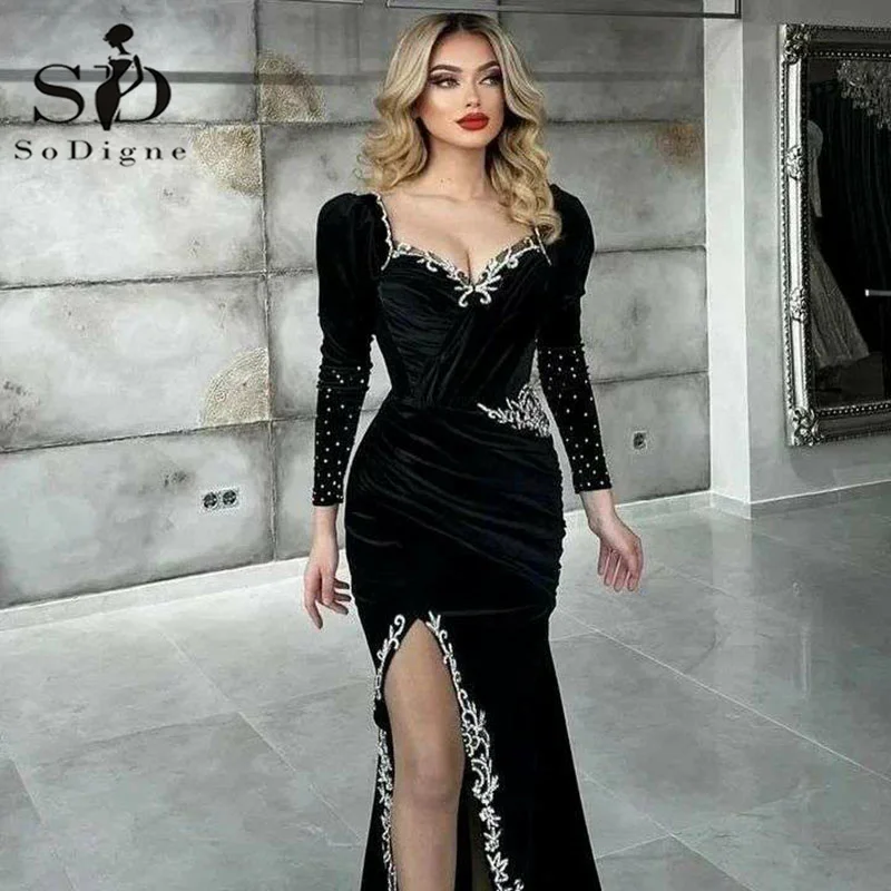 

SoDigne Moroccan Caftan Evening DressWhite Appliques Lace Long Sleeve Royal Blue Mermaid Velvet Arabic Prom Gowns Party Dress