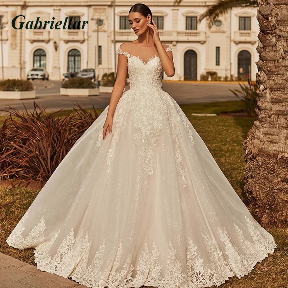 

Gabriellar Wedding Ball Gown Sparkly Tulle Illusion Lace Appliques Scoop Backless Lace-up Court Train Abito Da Sposa Customized