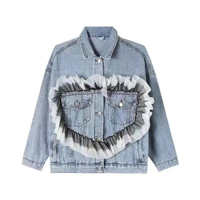 

Fashion New All-matching Love Lace Stitching Denim Coat For Women 2021 Autumn Sweet LooseSlimming Long Sleeve Top Jacket