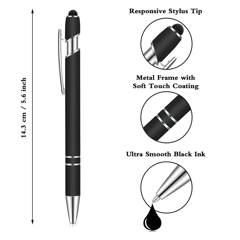 

12Pcs Ballpoint Pen With Stylus Tip, 1.0 Mm Black Ink Metal Pen Stylus Pen For Contact Screens, Ballpoint Pen (Black)